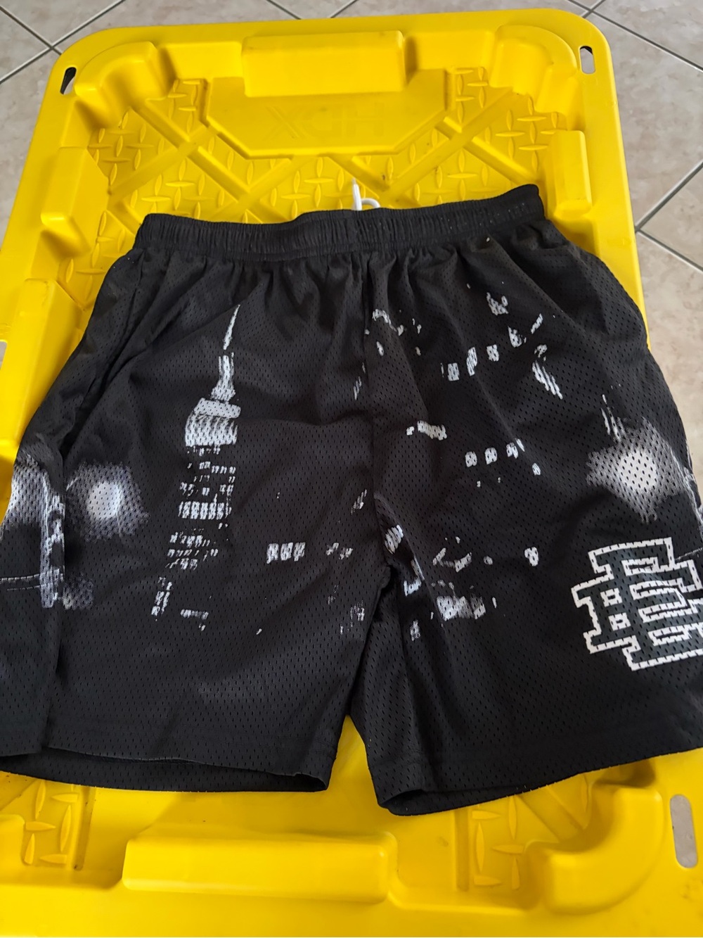 Eric Emanuel Men's Black Mesh Athletic Shorts with White City Print